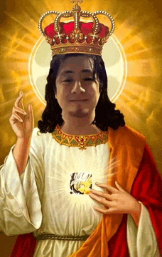 a painting of jesus with a crown on his head holding his heart