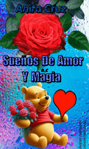 a picture of winnie the pooh holding a heart and a red rose