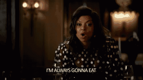 a woman in a polka dot dress is saying i 'm always gonna eat