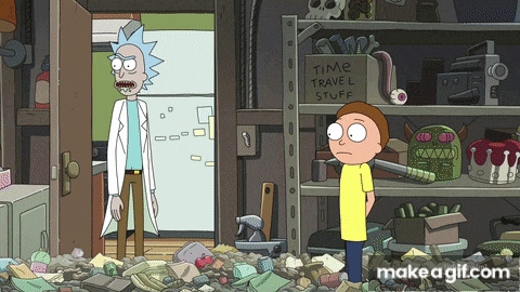 rick and morty are standing in front of a shelf with a sign that says time travel stuff