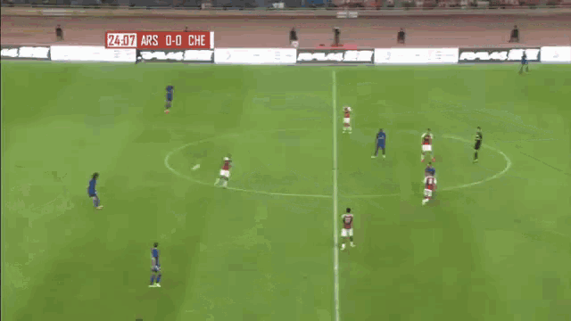 soccer players on a field with a scoreboard that says ars 0-0 che