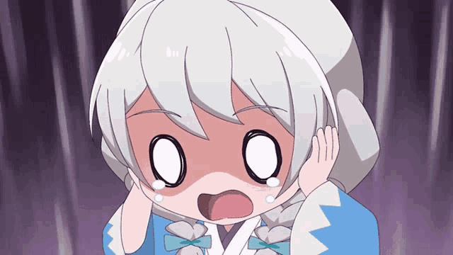 a girl with white hair and a blue shirt is crying and covering her ears