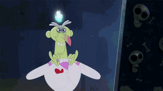a cartoon character holding a bottle with a skull on it