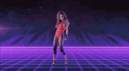 a woman in a red bodysuit is dancing on a purple grid .