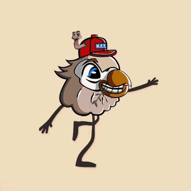 a cartoon bird wearing a red hat that says nft on it