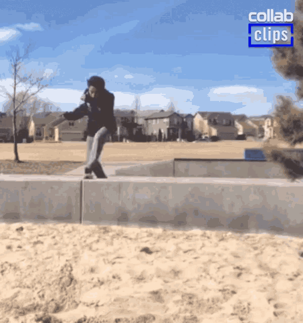 a person riding a skateboard in a park with the words collab clips on the bottom