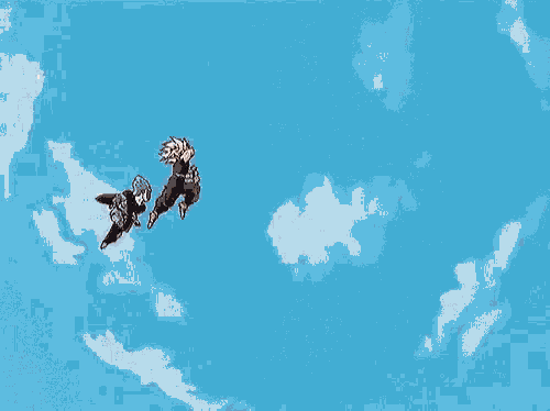 a cartoon of a man flying through the air while another man is falling .