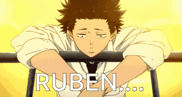 a boy leaning on a railing with the name ruben written below him