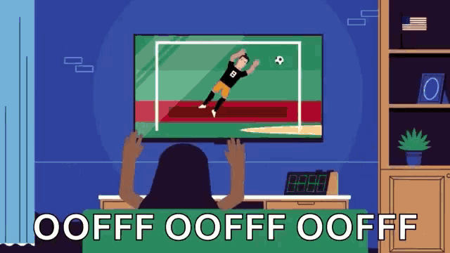 a woman is watching a soccer game on a television with the words oofff oofff oofff