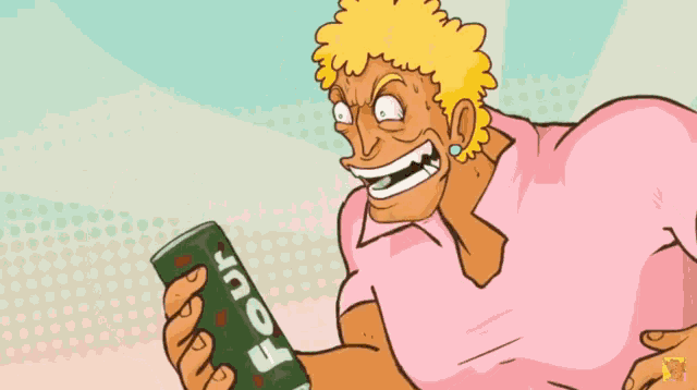 a cartoon of a man holding a can that says four on it
