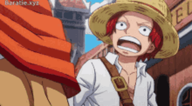 a cartoon character with red hair wearing a straw hat and a white shirt