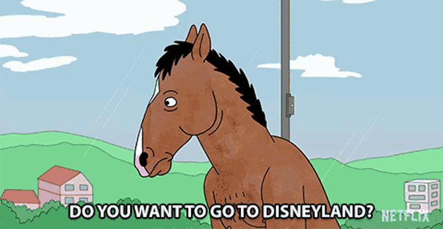 a cartoon of a horse asking if you want to go to disneyland