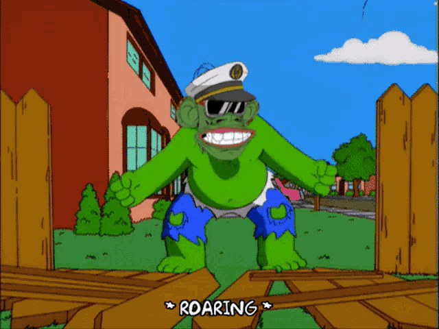 a cartoon of a monkey with sunglasses and a captain 's hat says roaring