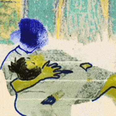 a drawing of a man with a beard laying on another man 's shoulders .