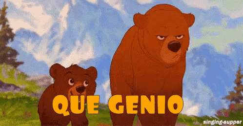 a cartoon of two bears with the words que genio in yellow