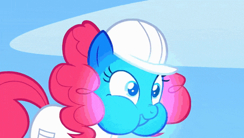 a blue and pink pony with a white hat