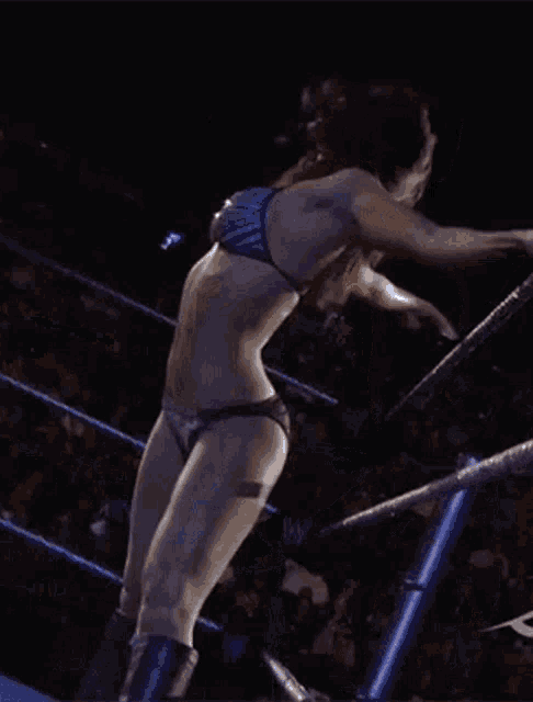 a woman in a bikini is in a wrestling ring