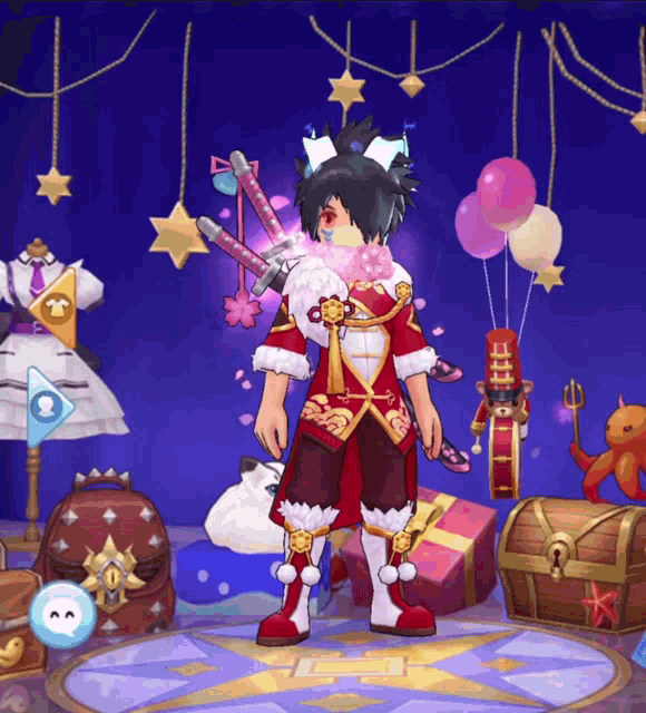 a cartoon character is standing in front of a blue background with balloons and a treasure chest
