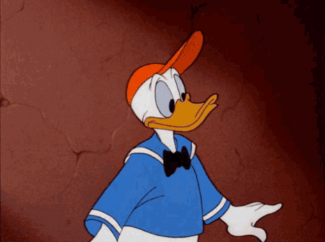 donald duck is wearing an orange hat and a bow tie
