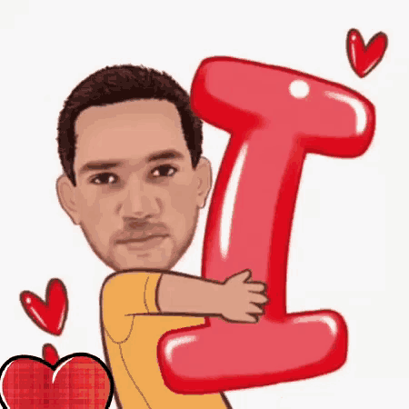 a man in a yellow shirt is hugging a large red letter i .