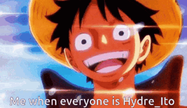a picture of luffy from one piece with the words me when everyone is hydre_ito