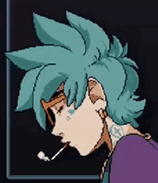 a pixel art of a girl with blue hair smoking a cigarette .