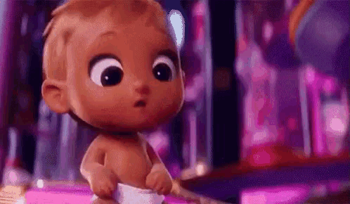 a cartoon baby in a diaper is standing in a room .