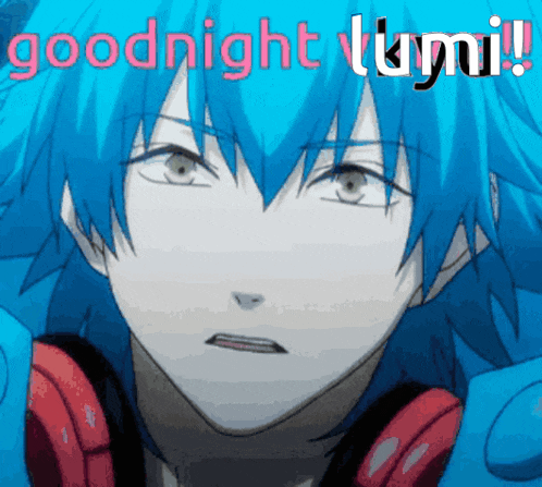 a picture of a blue haired anime character with the words goodnight yumi