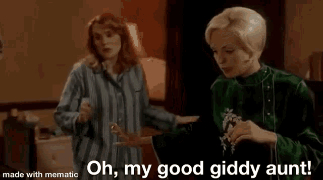 two women are standing next to each other in a room and one of them is saying `` oh , my good giddy aunt '' .