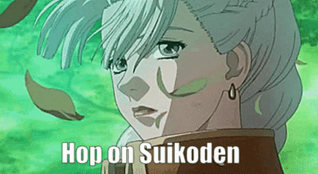 a close up of a woman 's face with the words hop on suikoden written above her .