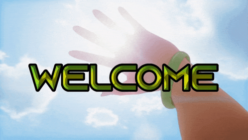 a welcome sign with a hand reaching out towards the sky
