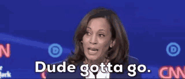 a woman is giving a speech and says `` dude gotta go '' .