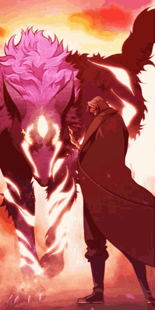 a man in a trench coat stands next to a large purple wolf