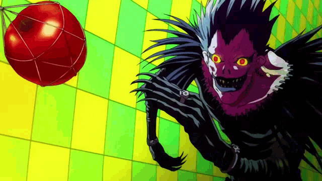 a cartoon character is holding a red ball with a string attached to it