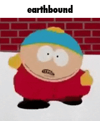 a cartoon character from south park is standing in front of a brick wall with the word earthbound above him .
