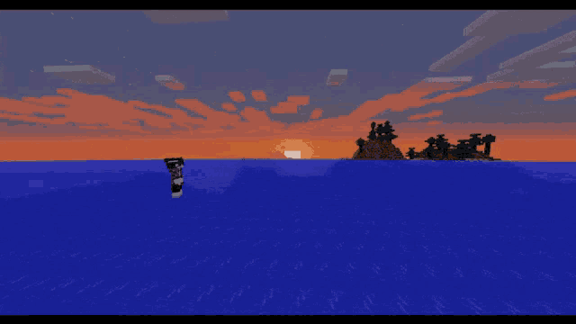 a computer generated image of a sunset over the ocean with a small island in the distance