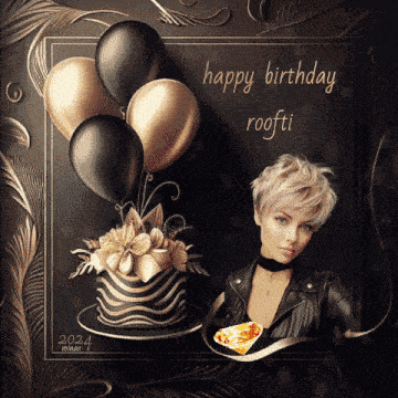 a picture of a woman with balloons and a cake with the words happy birthday roofti