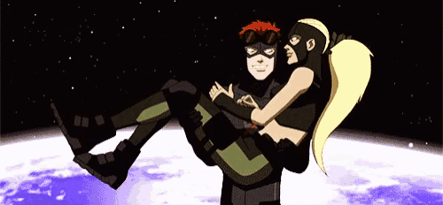 a cartoon character is holding another character in his arms over the earth