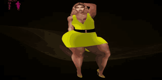 a woman in a yellow dress is standing in front of a dark background