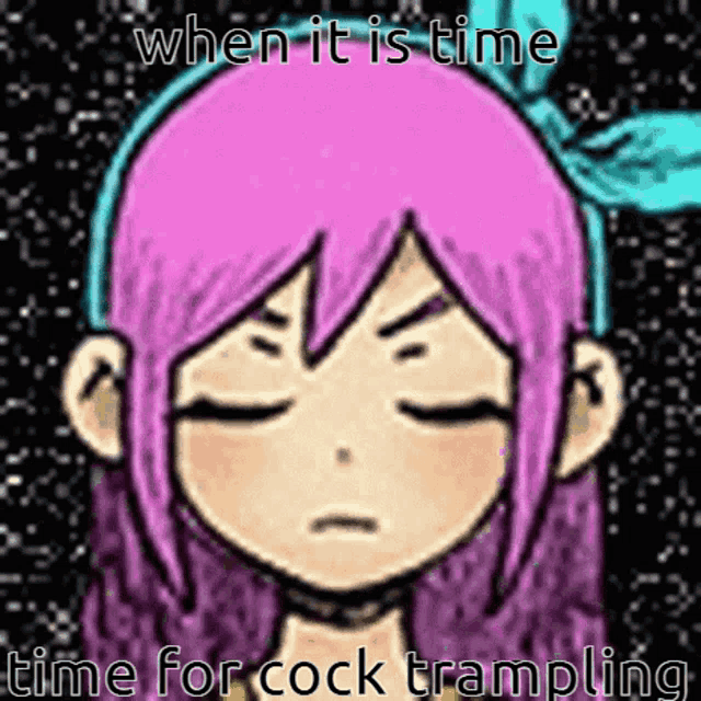 a cartoon of a girl with purple hair and a blue bow in her hair .
