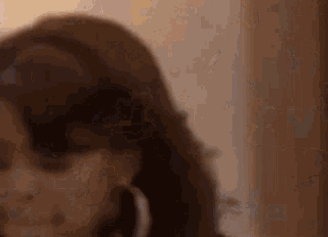 a close up of a woman 's face with a blurred background .