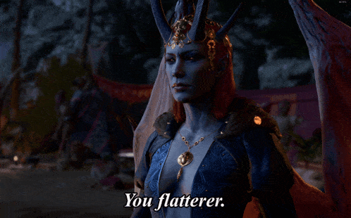 a video game character says " you flatterer " in front of a tent