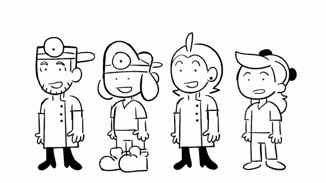 a black and white drawing of a doctor and two other people
