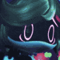a close up of a person 's face with glowing eyes and a mouth .