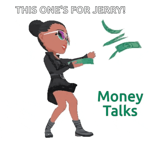 a cartoon of a woman holding money with the words money talks below her