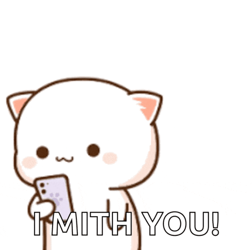 a cartoon cat is holding a cell phone next to another cat that says i mith you !