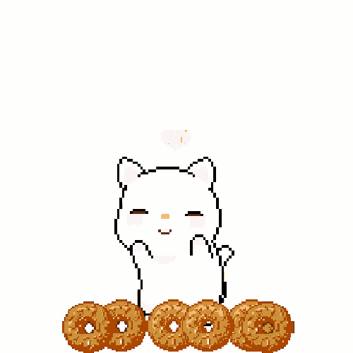 a pixel art of a cat holding a donut in its mouth and surrounded by donuts .