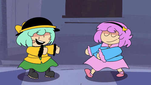 a cartoon of two girls dancing with one wearing a pink dress