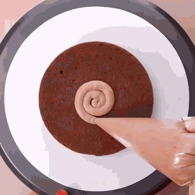 a person is frosting a chocolate cake with a piping bag