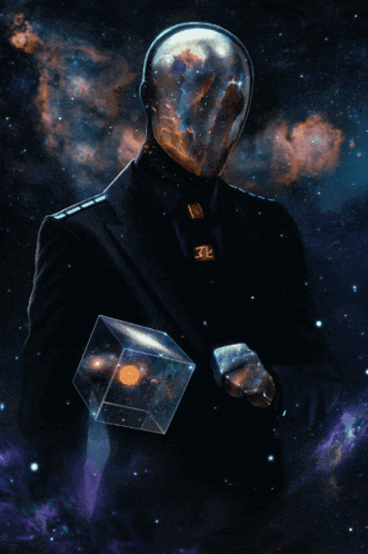 a man in a suit is holding a cube with a galaxy in it